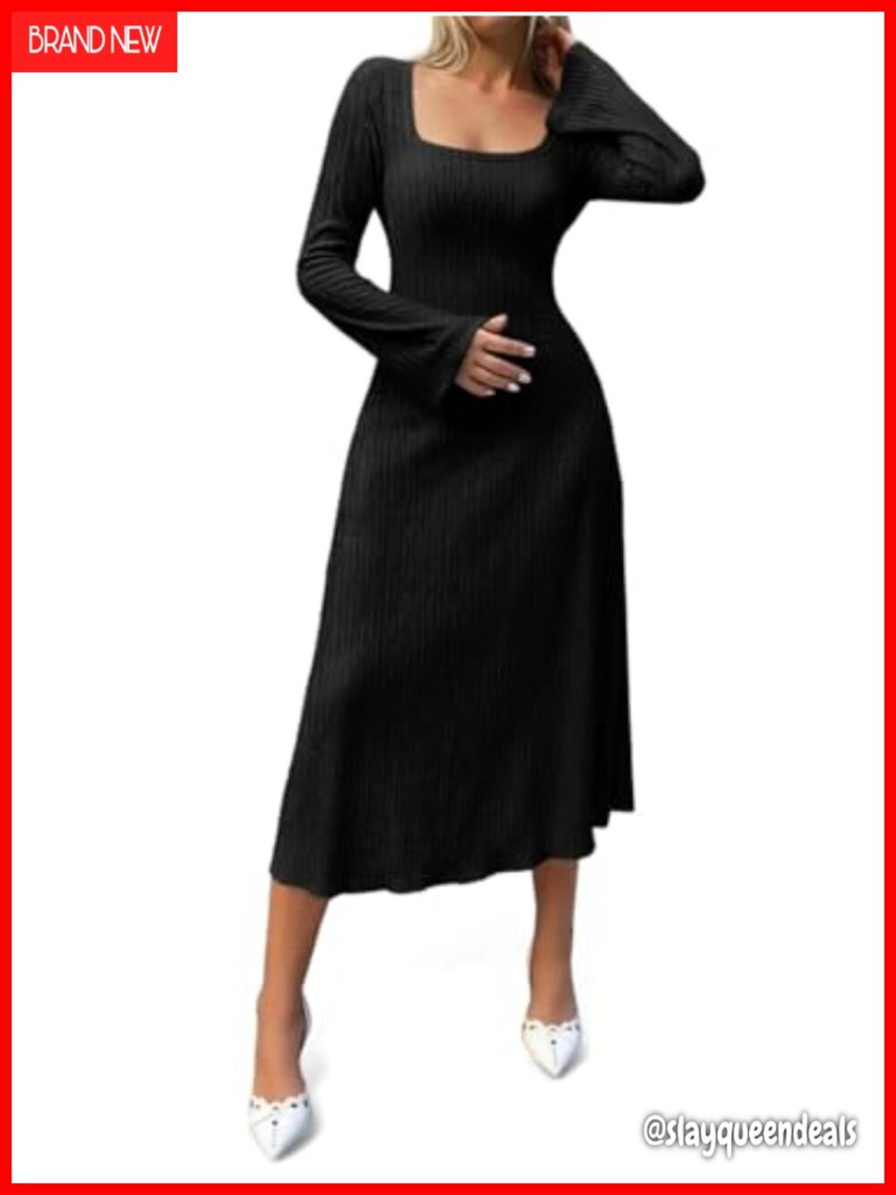 Womens Sweater Maxi Dress Long Sleeve Knit Midi A-Line Square Neck